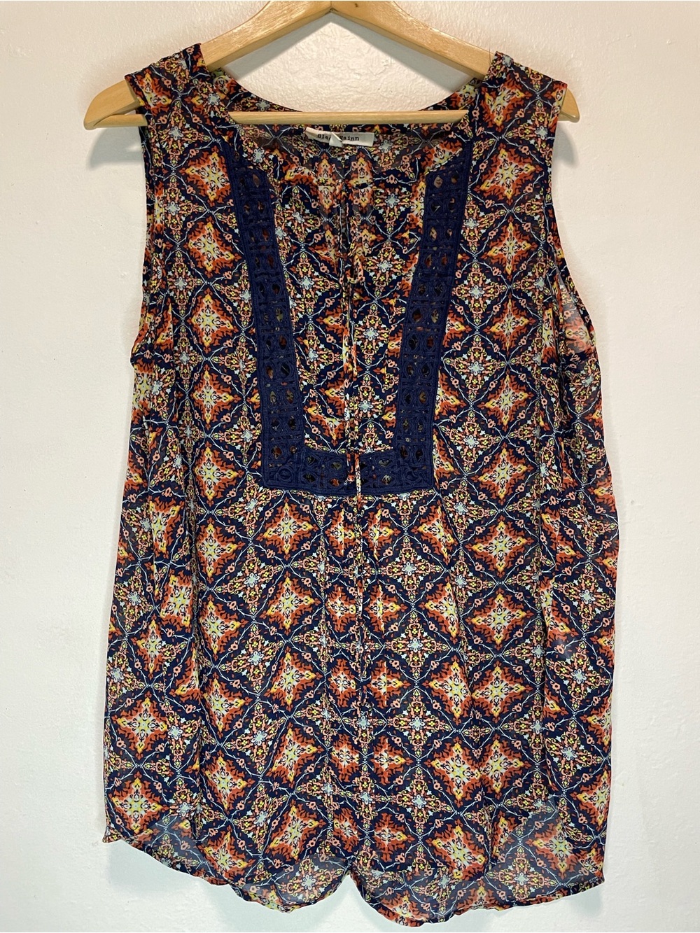 Black Rainn Navy Mosaic Print Sleeveless Camisole with Lace Yoke